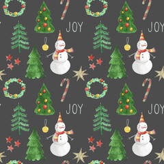 Watercolor Christmas pattern, with snowmen and Christmas trees. New year winter holiday texture