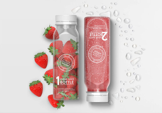 2 Clear Juice Smoothie Squared Bottles Flat Lay Mockup
