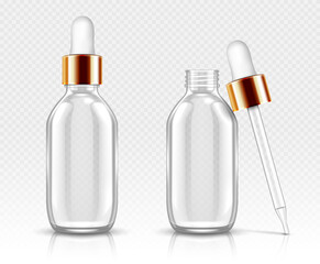 Realistic glass bottles with dropper for serum or oil. Cosmetic flask or vials for organic aroma essence, anti-aging essential collagen for beauty care, isolated transparent flacon 3d vector mock up