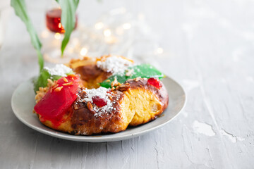Portuguese Christmas fruit cake Bolo rei on the dish