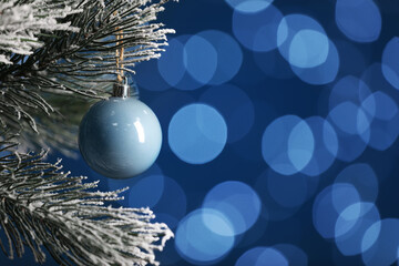 Beautiful holiday bauble hanging on Christmas tree against blue background with blurred festive lights