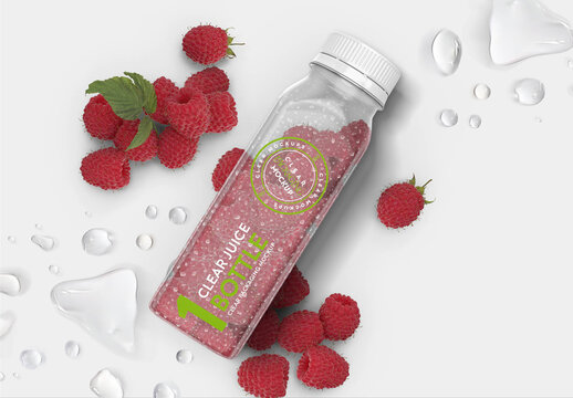 Clear Juice Smoothie Squared Bottle Flat Lay Mockup