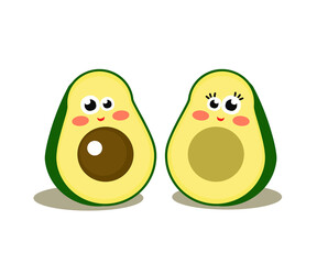 Two halves of one avocado on a white background. Cartoon. Vector illustration.