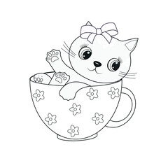 Cute cartoon cat in mug.Black and white vector illustration for coloring book