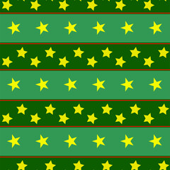 Green geometric pattern with red ribbons, yellow stars arranged in a row. Bright colored pattern