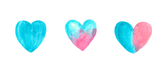 set of watercolor hearts pink blue