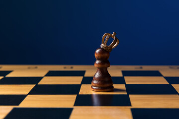 Pawn in crown on chess board over blue background with copy space. Personal Growth And Development...