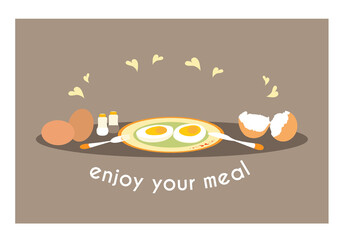 Cute fried egg, heart shape. Food, Breakfast cartoon concept. Flat vector illustration, isolated objects.