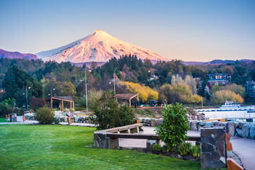 Sunset view to Villarrica Volcano and the lake.