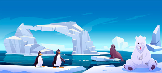 Wild animals sitting on ice floes in sea, white bear holding fish, penguins and seal. Antarctica or North Pole inhabitants in outdoor area, ocean. Beasts in nature fauna, Cartoon vector illustration © klyaksun