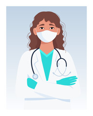 Obraz premium Female Doctor With Arms Crossed. Medical staff in uniform and mask. Vector illustration in flat style