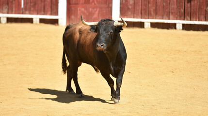 fighting bull with big horns on spain