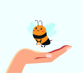 The illustration shows a cute bee. Cute childish character. Rescue of bees in human hands. Cute bee in the palm of a man. 