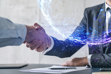 Fototapeta na wymiar Double exposure of two men handshake on high tech project. Technology hologram. Concept of Partnership.