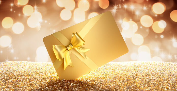 Christmas gift card golden bow on golden crystal background - 3D illustration