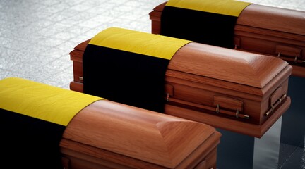 State funeral in Belgium. Coffins in national pavilion.