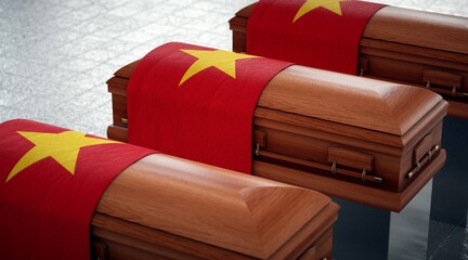 State funeral in Vietnam. Coffins in national pavilion.