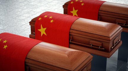 State funeral in China. Coffins in national pavilion.