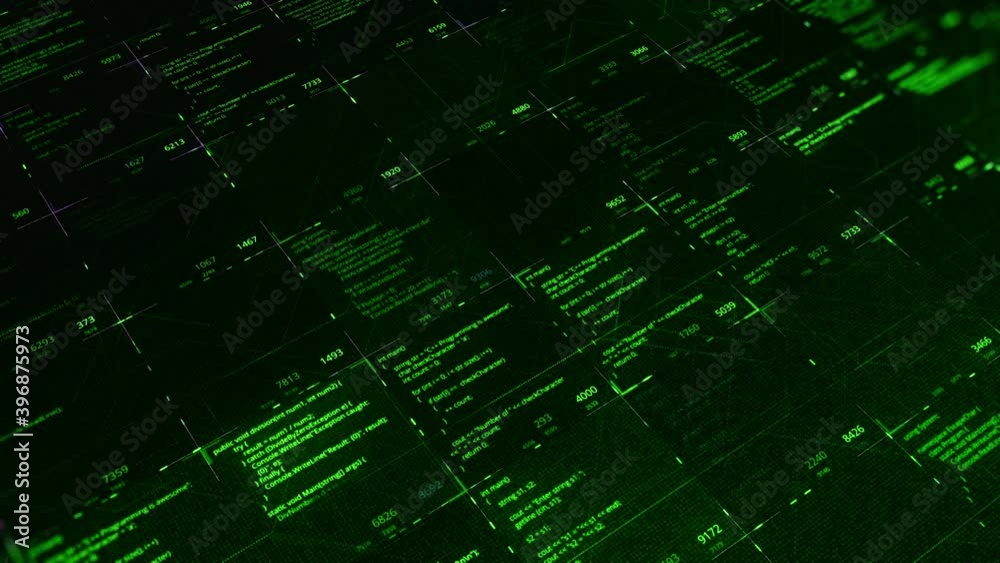 Poster changing program codes in matrix. animation. source codes in software cell of matrix. many program c