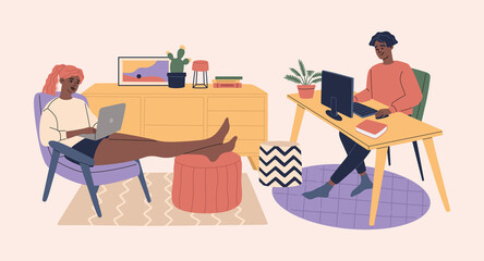 Young man and woman working at home office on laptop and computer, sitting in coworking workplace. Freelance workers on quarantine. Online learning and education. Flat cartoon style illustration