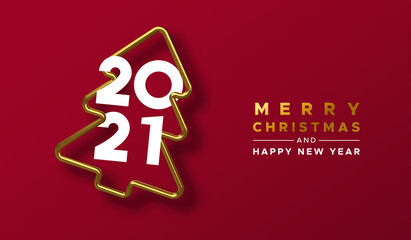 Christmas New Year 2021 gold 3d pine tree card