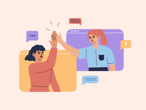 Two smiling young girls have online video conference at computer screen, chatting with friends or colleagues, happy woman giving high five and have conversation, vector illustration in flat cartoon