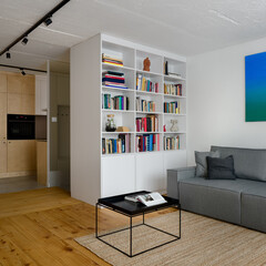 Fototapeta na wymiar White bookcase in stylish apartment