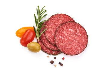 French salami slices with herbs and spices, isolated on a white background