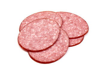 Sliced salami smoked sausage, isolated on white background