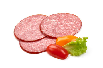 Sliced salami smoked sausage, isolated on white background