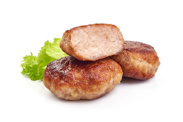 Grilled cutlets, fried meat balls, isolated on white background