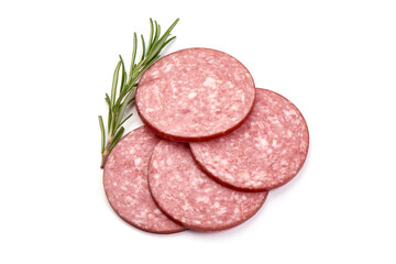 Sliced salami smoked sausage, isolated on white background
