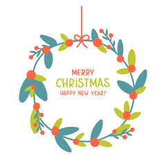 Christmas decoration wreath with Merry Christmas letter, Christmas traditional vector illustration in flat style.