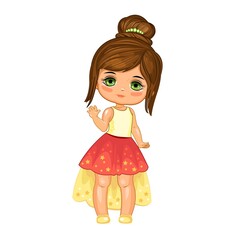 A cute little girl dressed as a princess. Cheerful funny child in a good mood. The isolated object on a white background. Young baby. Cartoon flat style. Vector
