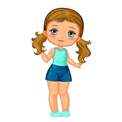 A cute little girl in shorts and a T-shirt. Cheerful funny child in a good mood. The isolated object on a white background. Young baby. Cartoon flat style. Vector