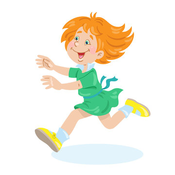 Cute happy girl is running. In cartoon style. Isolated on white background. Vector flat illustration.