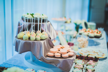 Delicious and tasty dessert table with cupcakes shots at reception closeup