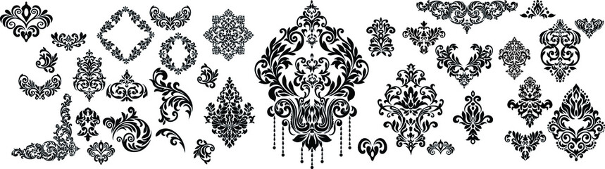 Set of Oriental vector damask patterns for greeting cards and wedding invitations