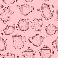 teapots outline chalk hand drawn vector isolated seamless pattern on pink dark background. Concept for wallpaper wrapping paper, menu