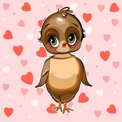 Sparrow girl. Funny chick. Cute and funny baby bird.. Illustration. Cartoon style. Vector
