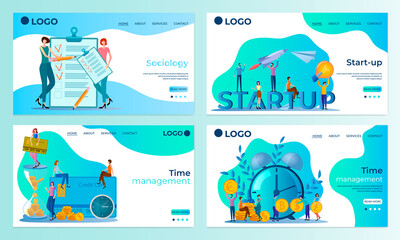 Obraz premium A set of landing page templates.Sociology, Startup,Time management.Templates for use in mobile app development.Flat vector illustration.