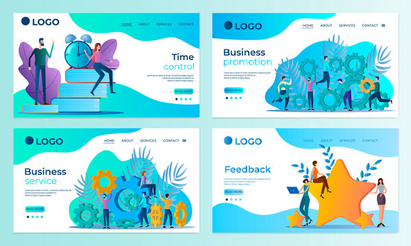 A set of landing page templates.Time control, Business promotion, Business service, Feedback.Templates for use in mobile app development.Flat vector illustration.