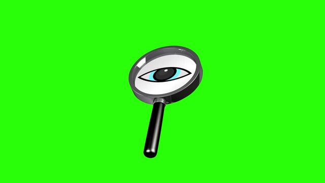 Set of Magnifying glass with blinking the eyes 3d animation, searching icon and symbol close up design, isolated on green screen background.