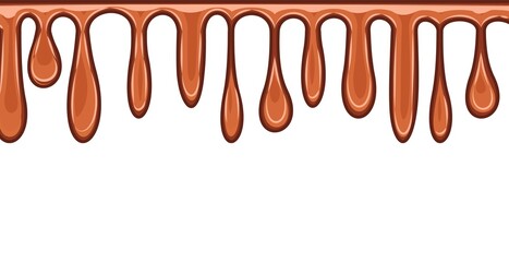 Beads of brown liquid. Light chocolate, caramel. Custard. Thick flowing paint. Slime. The drops are slipping. The isolated object on a white background. Flat cartoon style. Shine. Frame. Vector