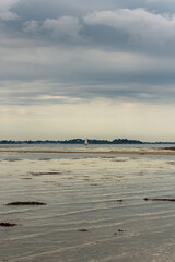 Brittany, panorama of the Morbihan gulf, view from the Ile aux Moines, a boat in background
