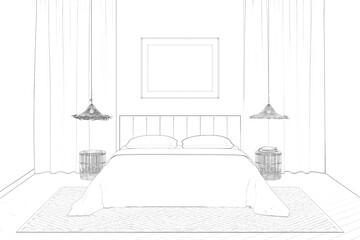 Sketch of a bedroom with a horizontal poster on the wall between two windows, a double bed with wicker chandeliers over bamboo bedside tables, and a  carpet on the tiled floor. Front view. 3d render