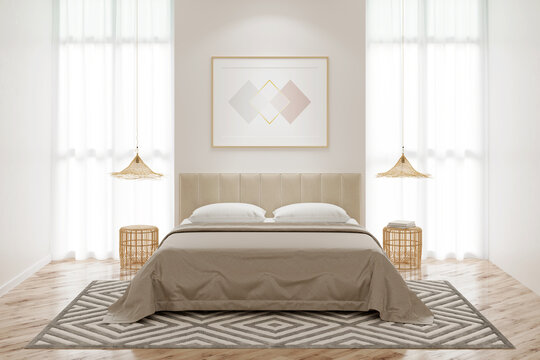 Interior of a bedroom with a horizontal poster on the wall between two windows, a bed with wicker chandeliers over bamboo bedside tables, and a beige carpet on the parquet floor. Front view. 3d render