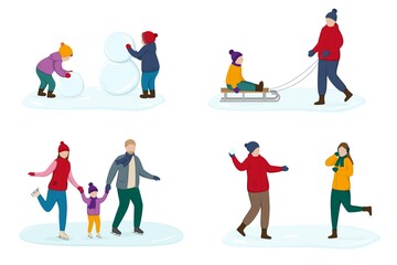 Winter season vector illustration. Outdoor games and activities.  Flat characters skate, make a snowman, play snowballs and have fun. 