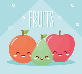 set of kawaii fruits with a smile