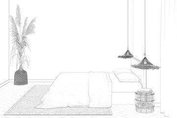 Sketch of the bedroom with a blank wall, pampas grass in a wicker vase, openwork lamps over bamboo bedside tables, a double bed with linen, carpet on the parquet floor. 3d render